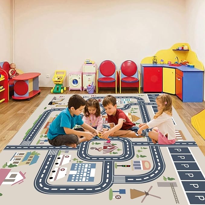 kid rug carpet playmat for toy cars and trains,road traffic kids play area rug,city Life town play Mat for Playroom Bedroom Boys,Children's Educational Fun Throw Rug with Rubber Backing 63X91IN - LeafyLoom