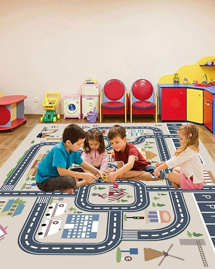 kid rug carpet playmat for toy cars and trains,road traffic kids play area rug,city Life town play Mat for Playroom Bedroom Boys,Children's Educational Fun Throw Rug with Rubber Backing 47X71IN - LeafyLoom