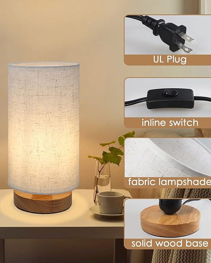 Small Bedside Night Table Lamp for Bedroom, Minimalist Nightstand Lamp with Round Fabric Linen Shade, Study Reading Desk Lamp for Kids Room, Living Room, College Dorm, Home, Office - LeafyLoom