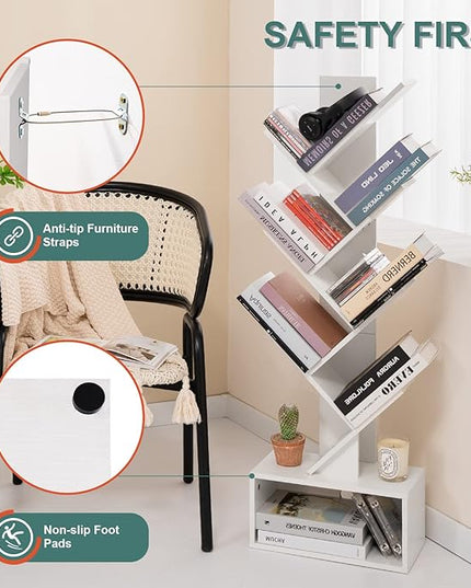 Yoobure Tree Bookshelf - 6 Shelf Retro Floor Standing Bookcase, Tall Wood Book Storage Rack for CDs/Movies/Books, Utility Book Organizer Shelves for Bedroom, Living Room, Home Office, White - LeafyLoom