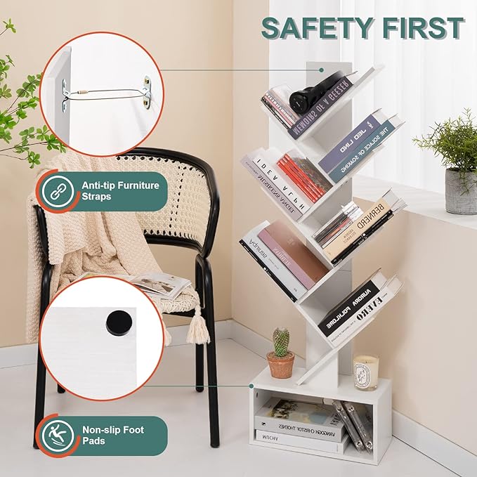 Yoobure Tree Bookshelf - 6 Shelf Retro Floor Standing Bookcase, Tall Wood Book Storage Rack for CDs/Movies/Books, Utility Book Organizer Shelves for Bedroom, Living Room, Home Office, White - LeafyLoom