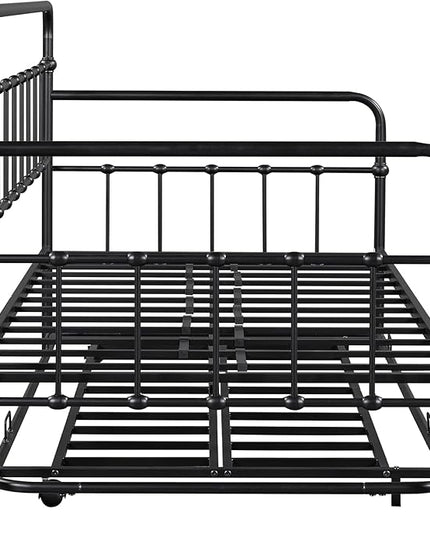 Twin Size Bed W/Slats,Metal Frame Daybed with Trundle and Anti-Noise Design,Space-Saving & Easy to Install,for Living Room Bedroom Apartment,Black - LeafyLoom