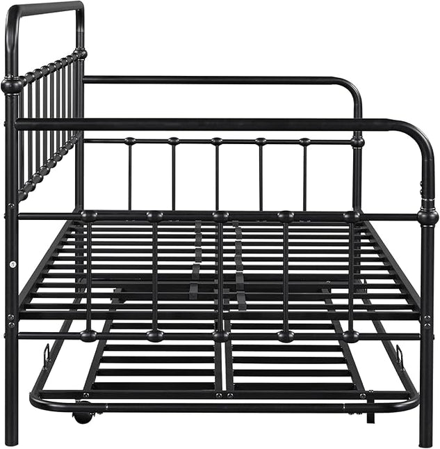 Twin Size Bed W/Slats,Metal Frame Daybed with Trundle and Anti-Noise Design,Space-Saving & Easy to Install,for Living Room Bedroom Apartment,Black - LeafyLoom