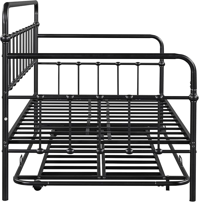 Twin Size Bed W/Slats,Metal Frame Daybed with Trundle and Anti-Noise Design,Space-Saving & Easy to Install,for Living Room Bedroom Apartment,Black - LeafyLoom