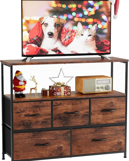 Sweetcrispy TV Stand for Bedroom, TV Dresser for 45 inches, Media Console Table, Entertainment Center with 5 Fabric Drawers Cabinet and Open Storage Shelf Furniture Cabinet for Living Room, Hallway - LeafyLoom