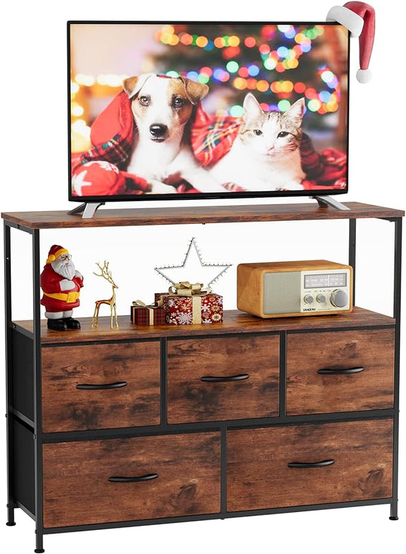 Sweetcrispy TV Stand for Bedroom, TV Dresser for 45 inches, Media Console Table, Entertainment Center with 5 Fabric Drawers Cabinet and Open Storage Shelf Furniture Cabinet for Living Room, Hallway - LeafyLoom