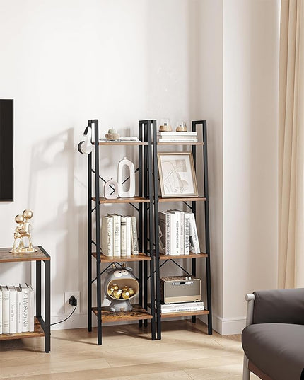 Ladder Shelf, Bookshelf Bookcase, Freestanding Corner Storage Shelve with 2 Hooks for Home Office, Living Room, Kitchen, Bedroom, Industrial, 4-Tier Rustic Brown BC13201B - LeafyLoom