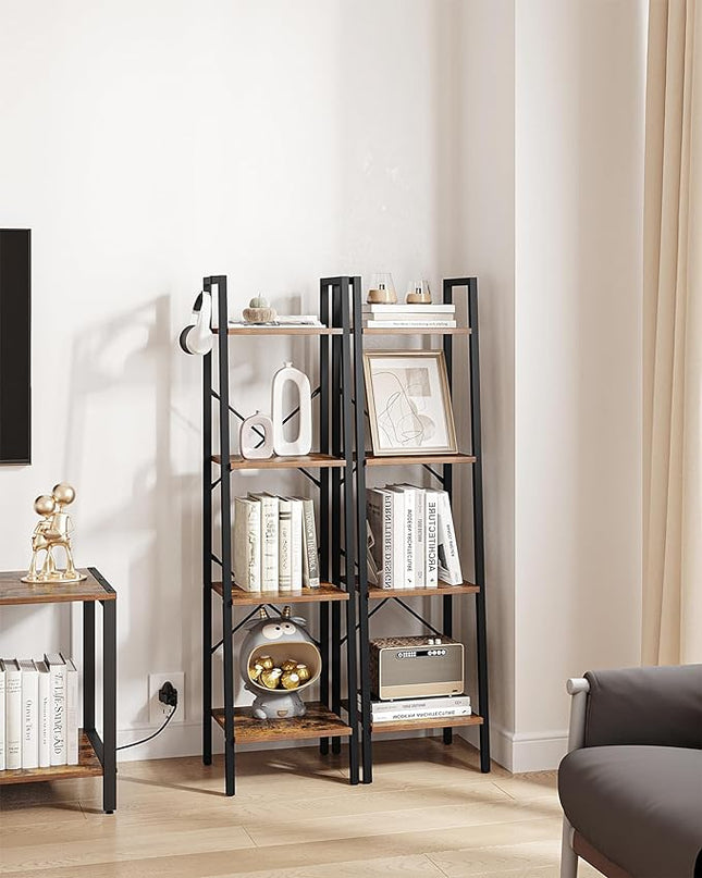 Ladder Shelf, Bookshelf Bookcase, Freestanding Corner Storage Shelve with 2 Hooks for Home Office, Living Room, Kitchen, Bedroom, Industrial, 4-Tier Rustic Brown BC13201B - LeafyLoom