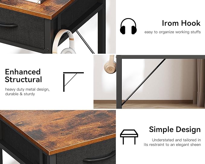 ODK Small Desk with Fabric Drawers- for Bedroom, Vanity Desk with Storage, Home Office Computer Desk for Small Spaces, 32 Inch Modern Work Writing Study Table, Vintage - LeafyLoom