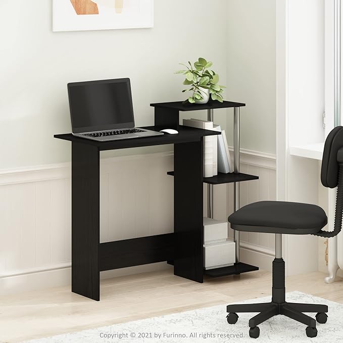 Furinno Efficient Home Laptop Notebook Computer Desk with Square Shelves, Side, Americano/Chrome - LeafyLoom