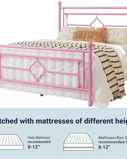 Allewie Queen Size Metal Platform Bed Frame with Victorian Vintage Headboard and Footboard/Mattress Foundation/Under Bed Storage/No Box Spring Needed/Noise-Free/Easy Assembly, Pink - LeafyLoom