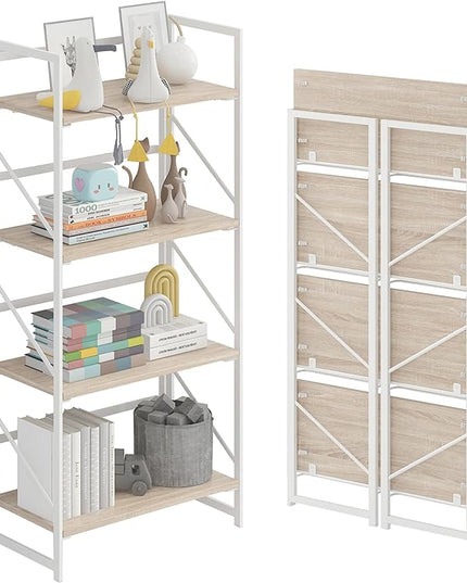 JSB No Assembly Folding Bookshelf, 4 Tier Industrial Metal Book Shelf for Storage, Vintage Wood foldable Bookcase for Living Room, Bedroom, Office Organization Shelves - LeafyLoom