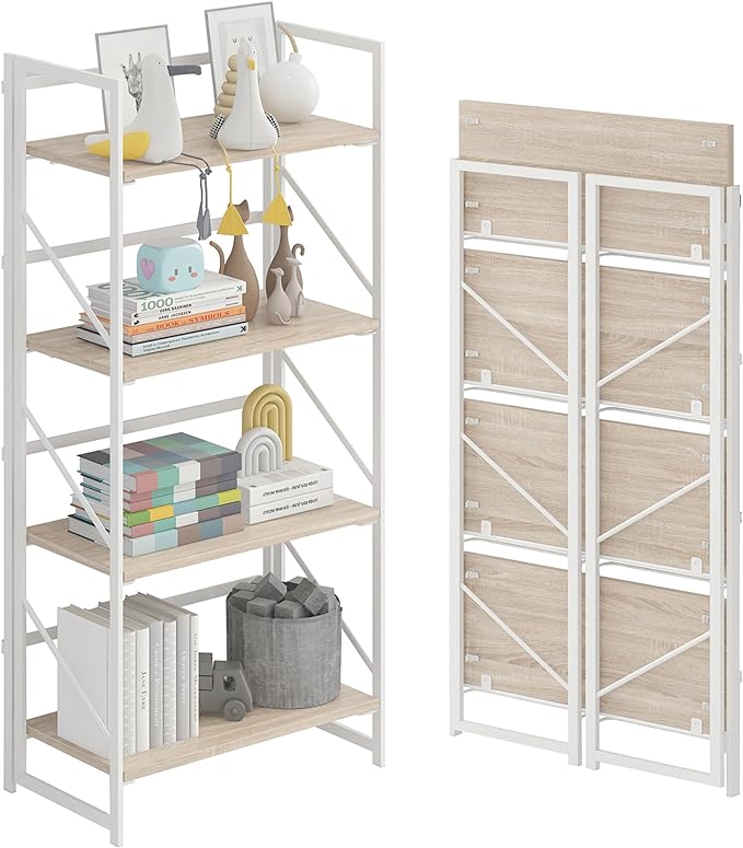 JSB No Assembly Folding Bookshelf, 4 Tier Industrial Metal Book Shelf for Storage, Vintage Wood foldable Bookcase for Living Room, Bedroom, Office Organization Shelves - LeafyLoom