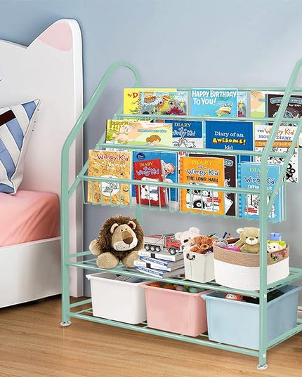 aboxoo Metal Kids Bookshelf Green Freestanding for Children Room 32 in Toy Organizer Book Unit Storage Large Green Stable Bookcase Bookstore Living Room Bed Room Library - LeafyLoom