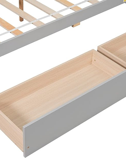 Full Size Platform Bed with L-Shaped Bookcase and 2 Storage Drawers, Wood Daybed frames with Headboard, Gray - LeafyLoom