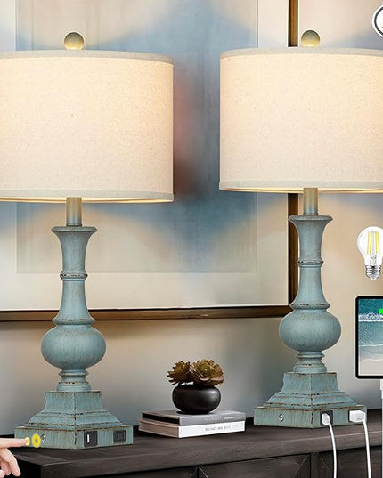 Farmhouse Table Lamps Set of 2, Rustic Touch Control Bedside Lamps with 2 USB Ports & AC Outlet, Vintage Resin 3-Way Dimmable Nightstand Lamp Linen Fabric Shade for Living Room Bedroom Decor Blue - LeafyLoom