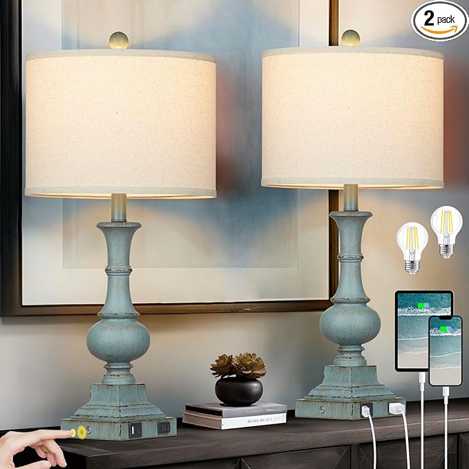 Farmhouse Table Lamps Set of 2, Rustic Touch Control Bedside Lamps with 2 USB Ports & AC Outlet, Vintage Resin 3-Way Dimmable Nightstand Lamp Linen Fabric Shade for Living Room Bedroom Decor Blue - LeafyLoom