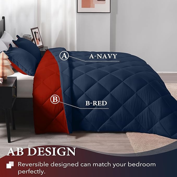 downluxe Queen Comforter Set - Red and Navy Queen Comforter, Soft Bedding Sets for All Seasons -3 Pieces - 1 Comforter (88"x92") and 2 Pillow Shams(20"x26") - LeafyLoom