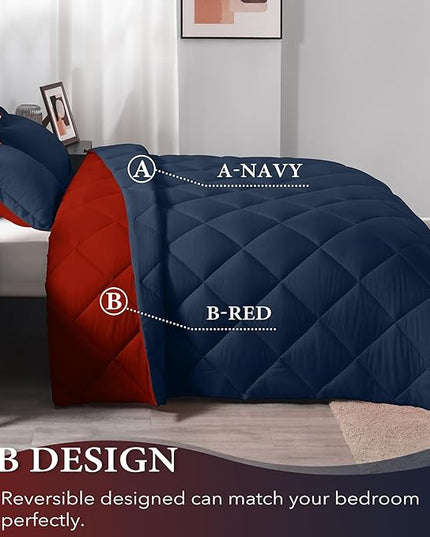 downluxe King Size Comforter Set - Red and Navy King Comforter, Soft Bedding Sets for All Seasons -3 Pieces - 1 Comforter (104"x92") and 2 Pillow Shams(20"x36") - LeafyLoom