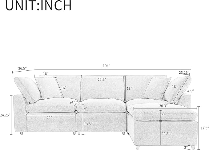 104.3" L-Shaped Convertible Sectional Sofa with Reversible Sleeper Chaise, Down Filled Upholstery Corner Couch w/Armrest for Living Room, Apartment, Office, Dark Gray, 104.3 Inch - LeafyLoom