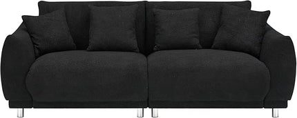 Modular Teddy Fleece Cloud 3 Seater Sofa Deep Seat Upholstered W/Metal Legs, Comfy Leisure Couch Beautiful Shape Bread Sofa&Couch with 4 Pillows for Living Room, 86.6", Black-1658 - LeafyLoom
