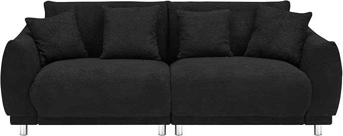 Modular Teddy Fleece Cloud 3 Seater Sofa Deep Seat Upholstered W/Metal Legs, Comfy Leisure Couch Beautiful Shape Bread Sofa&Couch with 4 Pillows for Living Room, 86.6", Black-1658 - LeafyLoom