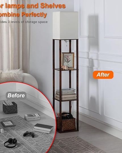 Floor Lamp with Shelves, Shelf Floor Lamps for Living Room with 2 USB Charging Ports and Power Outlet, 3CCT Modern Corner Square Display Standing Lamp 4-Tier Tall Bookshelf Lamp for Bedroom - LeafyLoom