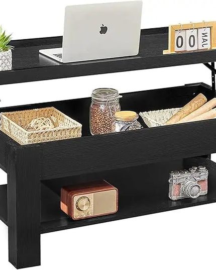 VECELO Lift Top Coffee Table with Storage Shelf and Hidden Compartment for Living Room/Office Reception, Dark Black - LeafyLoom