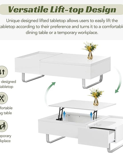 Lift Top Coffee Table, 45 Inch Contemporary Center Table with Drawer and Metal Frame Legs, High-Gloss Surface Coffee Tables for Living Room, White - LeafyLoom