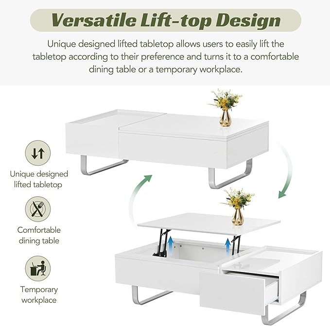 Lift Top Coffee Table, 45 Inch Contemporary Center Table with Drawer and Metal Frame Legs, High-Gloss Surface Coffee Tables for Living Room, White - LeafyLoom