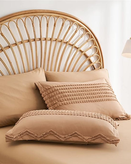KAKIJUMN Khaki Tufted Comforter Set King Size 7 Piece Bed in a Bag, Shabby Chic Boho Comforter and Sheet Set, Pom Pom Textured Bed Set, All Season Soft Microfiber Complete Bedding Set(Khaki,King) - LeafyLoom