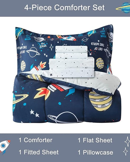 Planet Twin Comforter Set for Boys Girls 4-Piece Rocket Kids Bedding Sets Galaxy Space Stars Bedroom Decor - Include Reversible Comforter, Flat Sheet, Fitted Sheet and Pillowcase - LeafyLoom