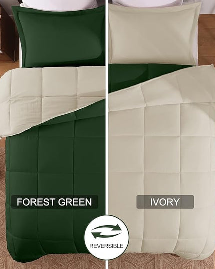 Basic Beyond King Size Comforter Set - Fluffy King Bed Comforter Set for All Seasons - Reversible Forest Green King Size Comforter Set - 3 Pieces (1 Comforter + 2 Pillow Shams) - Forest Green/Ivory - LeafyLoom