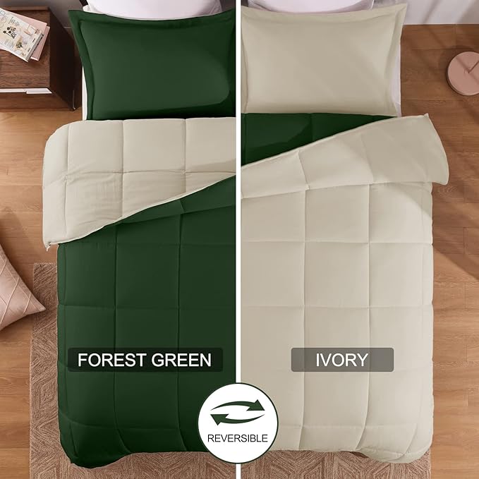 Basic Beyond King Size Comforter Set - Fluffy King Bed Comforter Set for All Seasons - Reversible Forest Green King Size Comforter Set - 3 Pieces (1 Comforter + 2 Pillow Shams) - Forest Green/Ivory - LeafyLoom