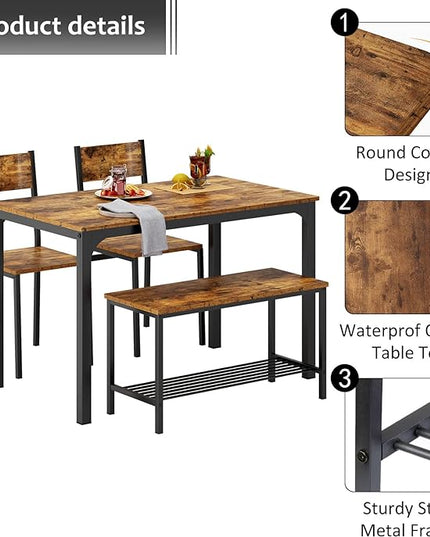 sogesfurniture 4-Piece Dining Table Set with 1 Bench and 2 Chairs, Kitchen Bench Table Set for 4, Wooden Kitchen Table and Chairs for Limited Space,Rustic Brown - LeafyLoom