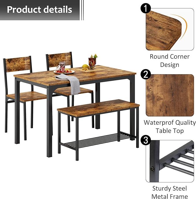 sogesfurniture 4-Piece Dining Table Set with 1 Bench and 2 Chairs, Kitchen Bench Table Set for 4, Wooden Kitchen Table and Chairs for Limited Space,Rustic Brown - LeafyLoom