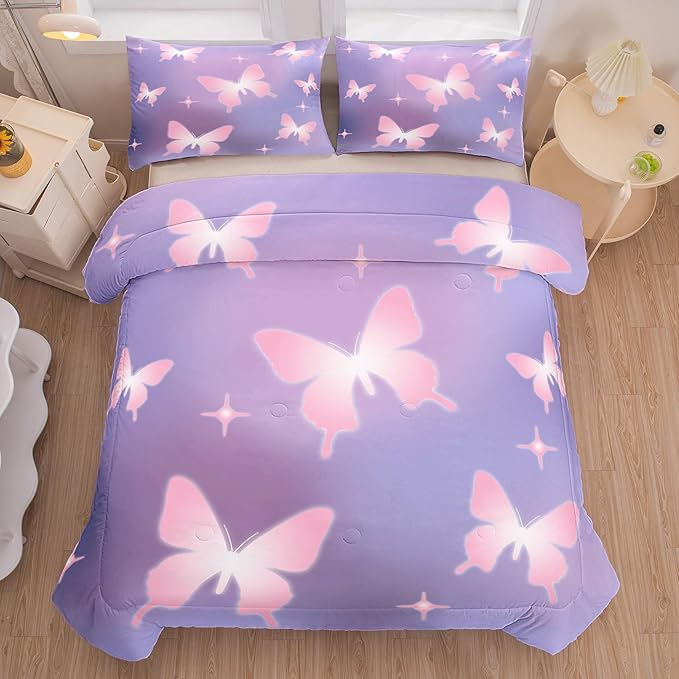 Tailor Shop Butterfly Comforter Sets King Size,Purple Pink Butterfly Bedding Sets for Girls Kids Teens with 2 Pillowcase… - LeafyLoom