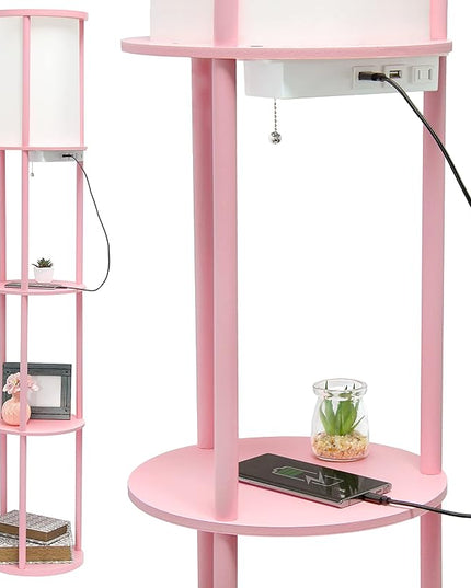 Simple Designs LF2010-LPK 62.5" Round Modern Shelf Etagere Organizer Storage Floor Lamp with 2 USB Charging Ports, 1 Charging Outlet and Linen Shade for Living Room Bedroom Office, Light Pink - LeafyLoom