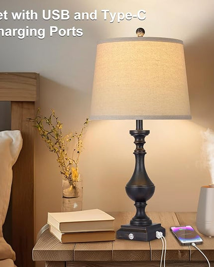 AKASUKI 27.5 Inch Black Farmhouse Table Lamps for Living Room Set of 2 with USB and Type-C Port, 3-Way Dimmable Table Lamps for Bedroom Vintage Rustic Bedside Lamps for bedrooms(2 Bulbs Included) - LeafyLoom