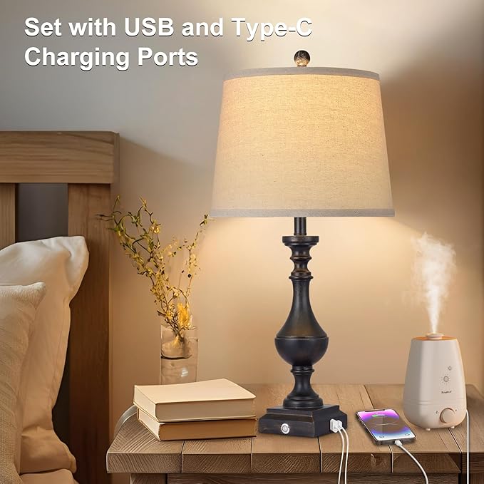 AKASUKI 27.5 Inch Black Farmhouse Table Lamps for Living Room Set of 2 with USB and Type-C Port, 3-Way Dimmable Table Lamps for Bedroom Vintage Rustic Bedside Lamps for bedrooms(2 Bulbs Included) - LeafyLoom