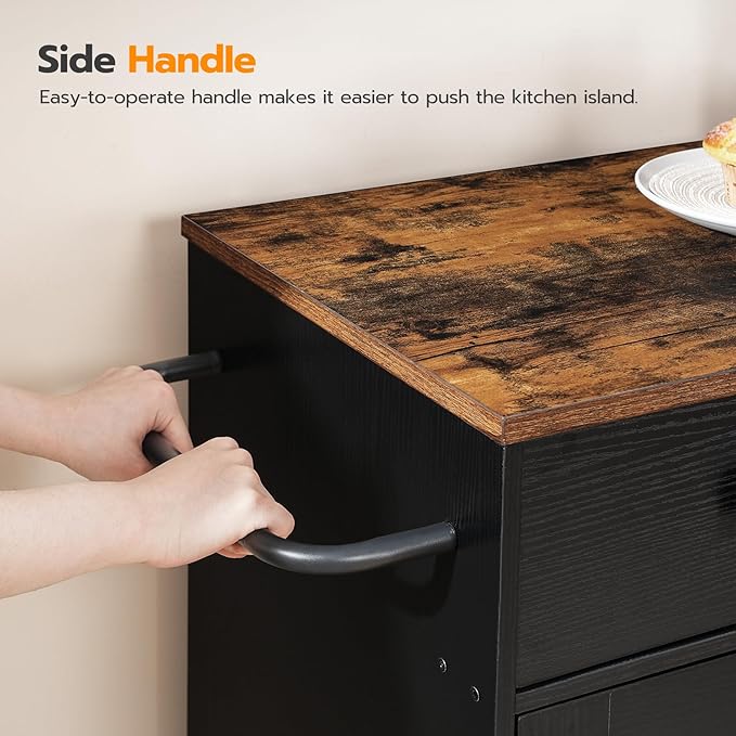 HOOBRO Kitchen Island, Storage Cabinet with Drawer, Kitchen Cart with Spice and Towel Rack, Saving Space, Easy Assembly, for Living Room, Rustic Brown and Black FB12ZD01 - LeafyLoom