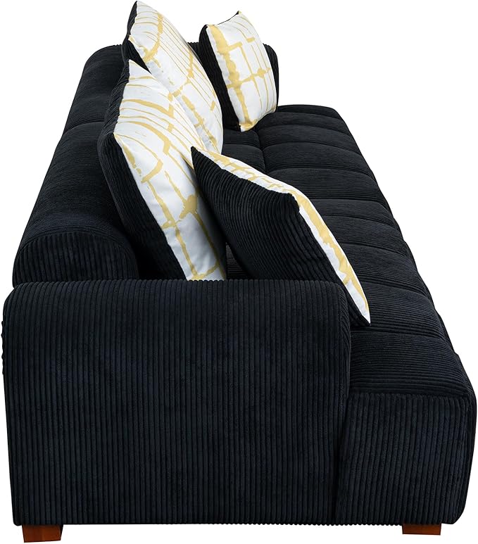 104" 4 Seaters Cloud Modular Corduroy Upholstery Sectional, Modern Living Room Upholstered Furniture Deep Seat Sofa & Couch with 4PCS Pillows and Rubber Wood Legs for Home Office Apartment, Black - LeafyLoom