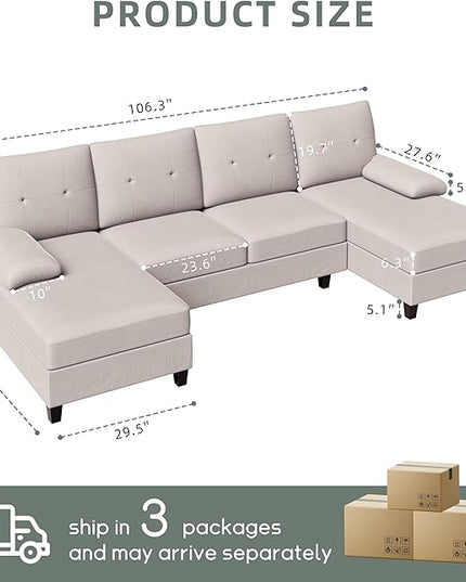 Shintenchi Sectional Couches for Living Room, U Shaped Sofa Couch with Double Chaise, 4-Seat Living Room Furniture Sets with Soft Cushion & Linen Fabric, Creamy White - LeafyLoom