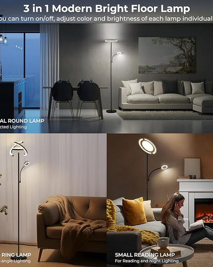 FIMEI 3 in 1 Floor Lamp, Modern Bright Standing Lamp with Split Rotatable Outer Ring Light and Small Reading Light, 4 Color Temperature and Dimmable, 3-Way Independent Control for Living Room Office - LeafyLoom