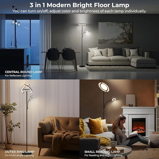 FIMEI 3 in 1 Floor Lamp, Modern Bright Standing Lamp with Split Rotatable Outer Ring Light and Small Reading Light, 4 Color Temperature and Dimmable, 3-Way Independent Control for Living Room Office - LeafyLoom