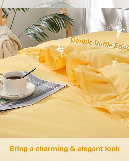 Yellow Double Ruffle Comforter Set Full Size (79x90 Inch), 3 Pcs Farmhouse Vintage Comforter Set (1 Ruffled Comforter and 2 Pillowcase), Rustic All Season Down Alternative Bedding Set - LeafyLoom