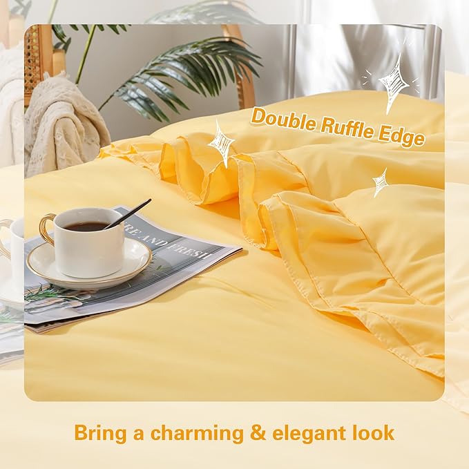 Yellow Double Ruffle Comforter Set Full Size (79x90 Inch), 3 Pcs Farmhouse Vintage Comforter Set (1 Ruffled Comforter and 2 Pillowcase), Rustic All Season Down Alternative Bedding Set - LeafyLoom