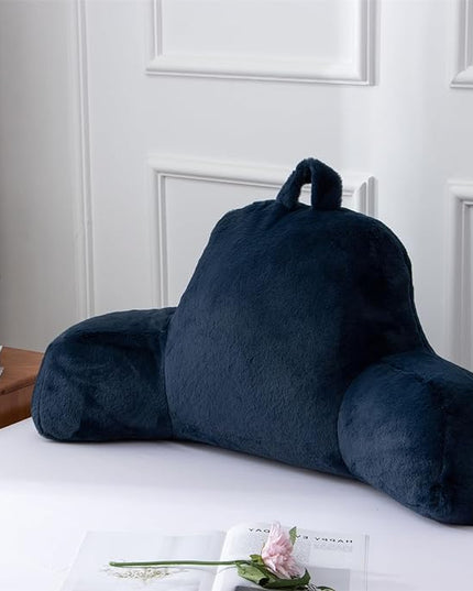 A Nice Night Faux Fur Reading Pillow Bed Wedge Large Adult Children Backrest with Arms Back Support for Sitting Up in Bed/Couch for Bedrest,Navy - LeafyLoom