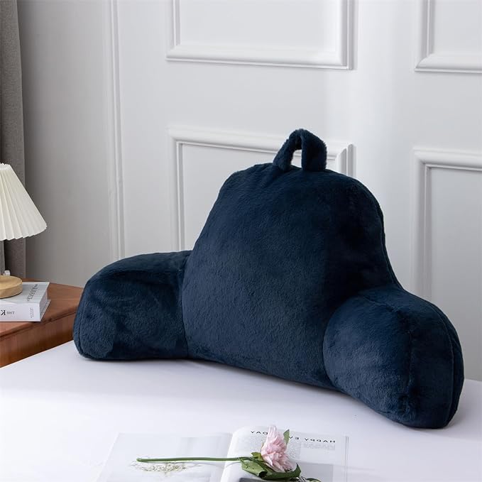 A Nice Night Faux Fur Reading Pillow Bed Wedge Large Adult Children Backrest with Arms Back Support for Sitting Up in Bed/Couch for Bedrest,Navy - LeafyLoom