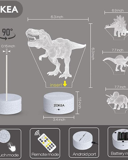 Dinosaur Toys, Dinosaur Gifts for Boys 7 Colors Changing 3D Dinosaur Night Light (4 Patterns) with Timer & Remote Control & Smart Touch, Gifts for Boys Girls Age 2 3 4 5 6 7 8 Year Old Boy Gifts - LeafyLoom